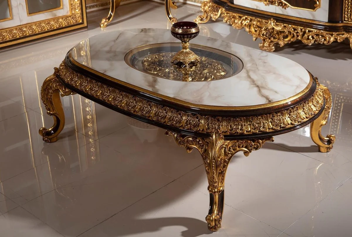 Luxury baroque coffee table with glass top white / dark brown / gold - magnificent solid wood living room table in baroque style - baroque living room furniture - noble & magnificent