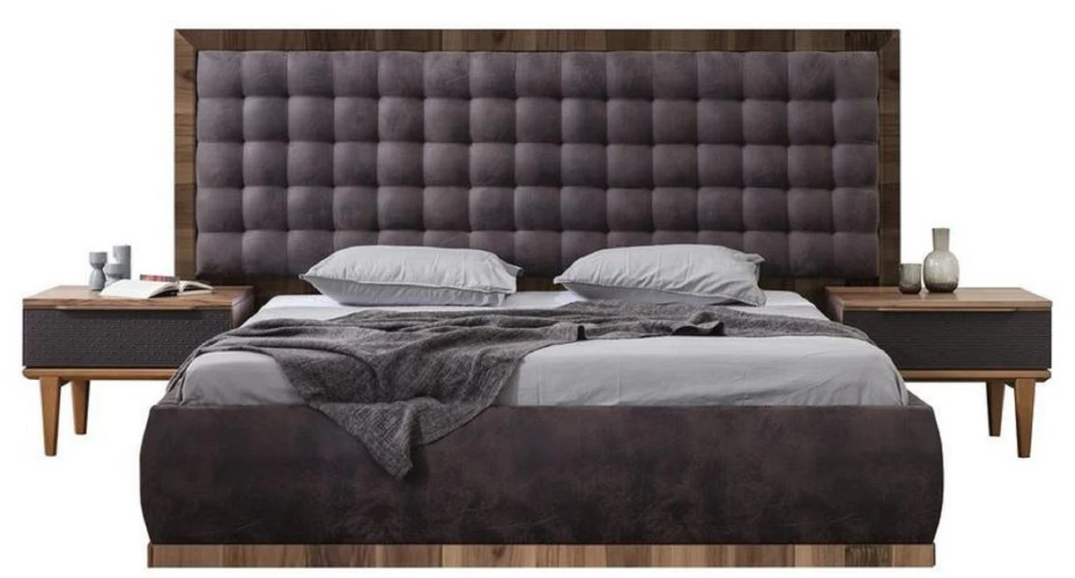 Luxury Solid Wood Bedroom Set Gray / Brown - 1 Double Bed with Headboard & 2 Bedside Tables - Luxury Bedroom Furniture