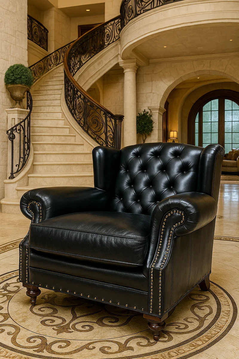 Luxury Chesterfield Leather Wing Chair Black / Dark Brown - Chesterfield Genuine Leather Living Room Armchair - Living Room Furniture - Chesterfield Furniture - Real Leather Furniture - Luxury Furniture