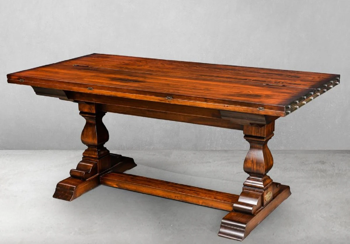 Luxury vintage style dining table brown / brass 180 x 85 x H. 78 cm - Rectangular solid wood dining room table with fold-out table top - Dining room furniture - Luxury vintage style furniture