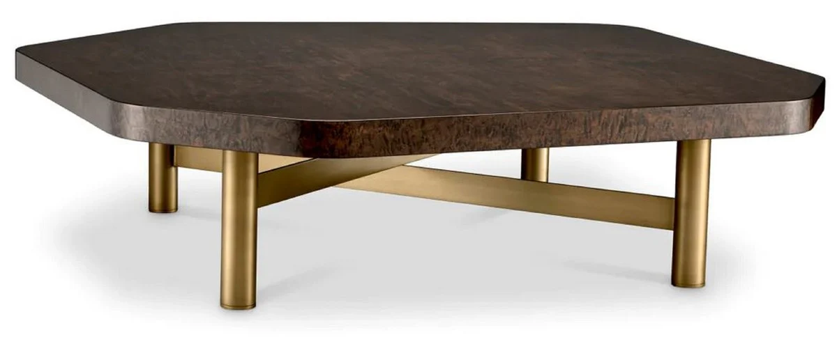Luxury coffee table high gloss brown / brass 120.5 x 120.5 x H. 30.5 cm - living room table with solid wood table top - living room furniture - luxury furniture - luxury furnishings