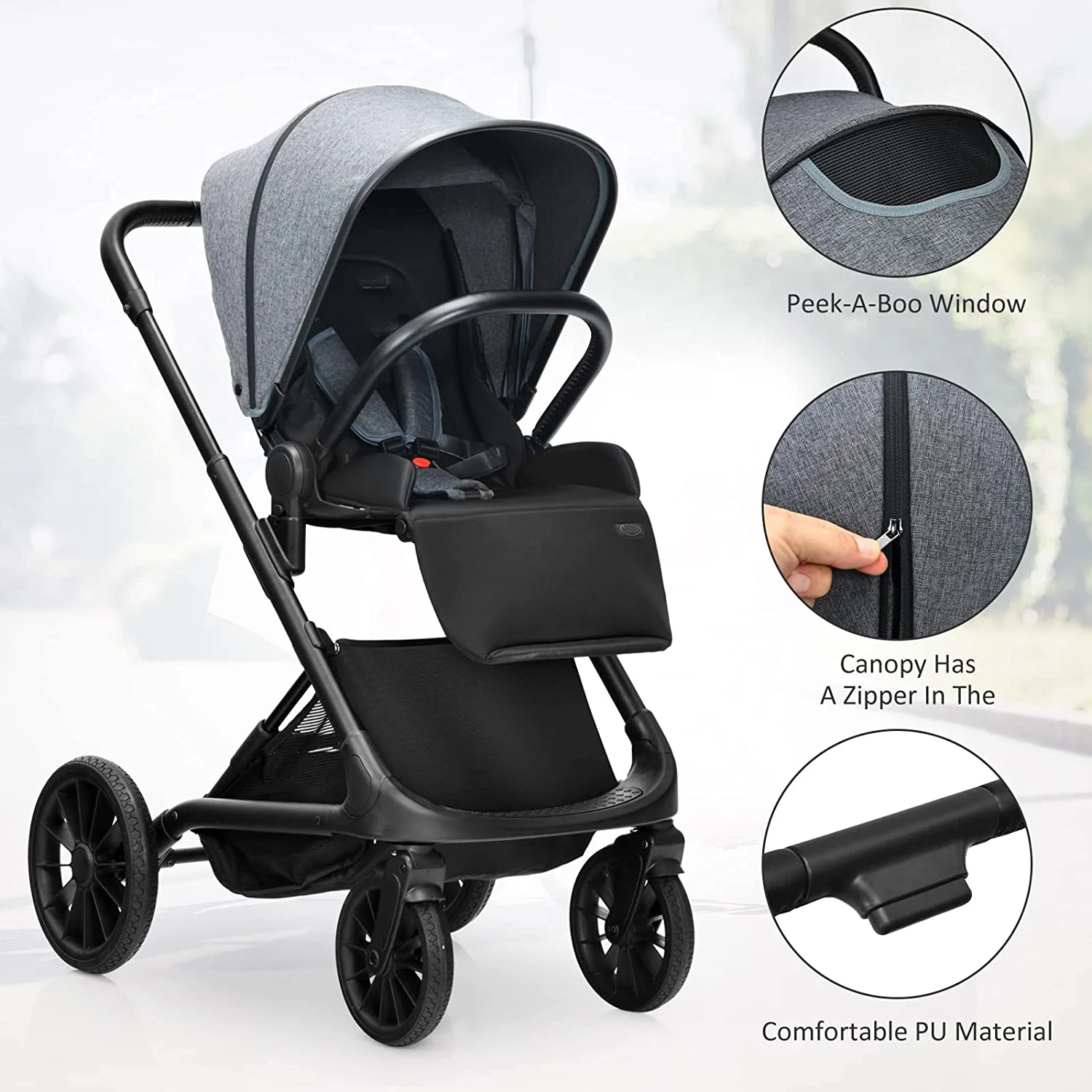 Kinderwagen, umkehrbarer Stubenwagen für Neugeborene, einhändig faltbarer, schnell zusammenklappbarer Kinderwagen mit Aluminiumrahmen, verstellbarem Verdeck, 5-Punkt-Sicherheitsgurt für Säuglinge und Kleinkinder (schwarz)