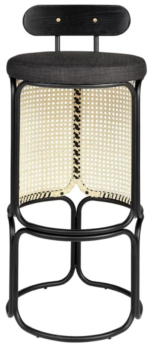 Designer bar chair with backrest black / natural color Ø 40.5 x H. 90 cm - Round padded bar stool with elegant rattan weave and powder-coated steel frame