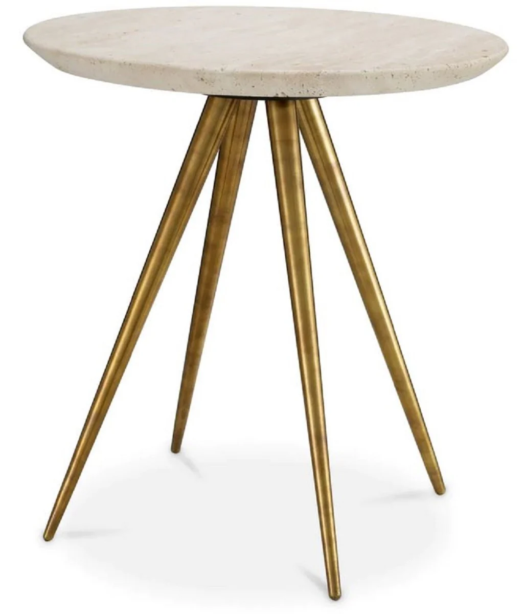 Luxury side table with travertine table top beige / vintage brass Ø 45.5 x H. 47.5 cm