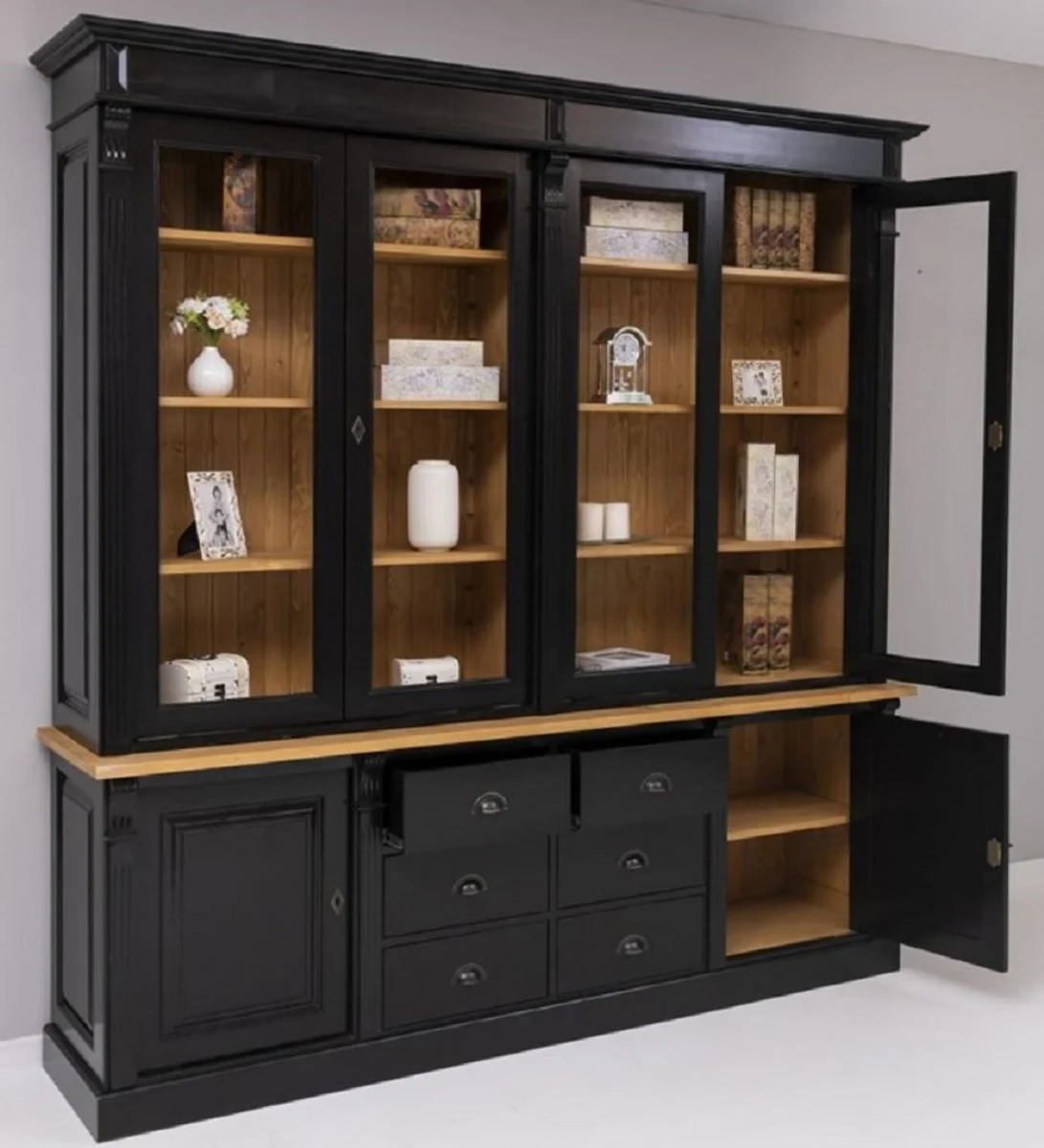 Country house style solid wood cabinet black / natural colors 223 x 51 x H. 228 cm - bookcase - shelf cabinet - country house style solid wood furniture