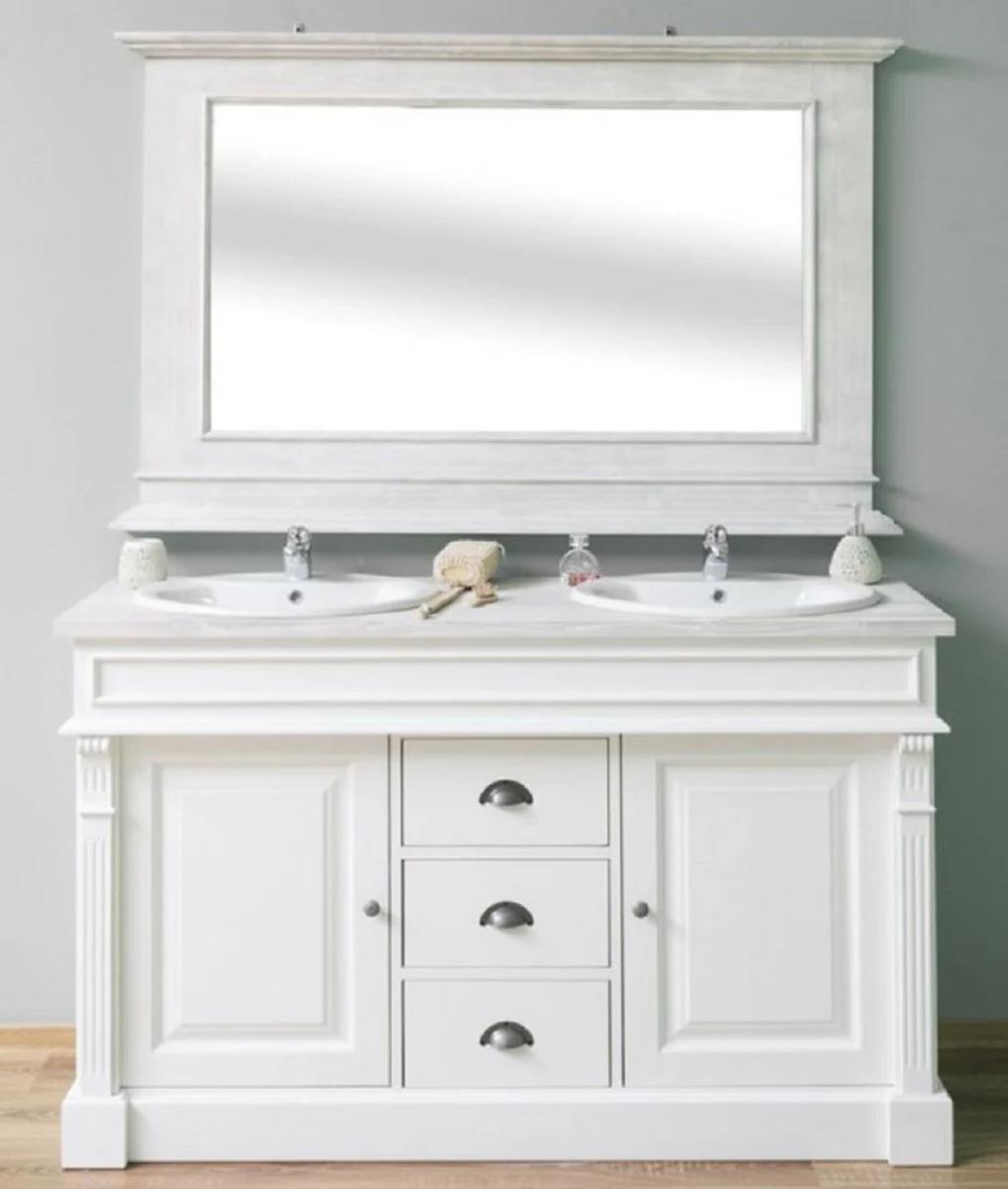 Country house style bathroom set white / light gray - 1 double washbasin & 1 wall mirror - solid wood bathroom furniture in country house style