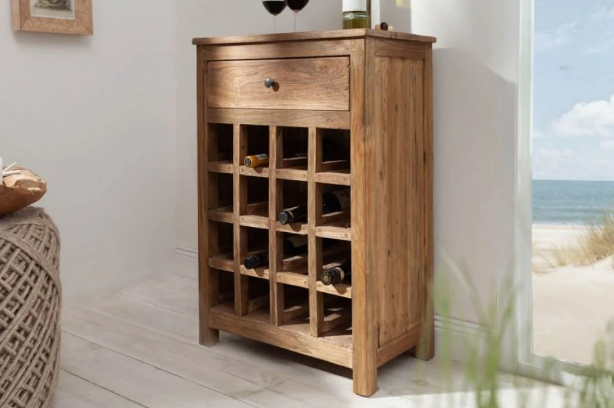 Country house style wine cabinet with drawer and wine bottle shelf natural color 56 x 31 x H. 81 cm - Bar cabinet made of recycled solid wood - Bar furniture - Country house style furniture