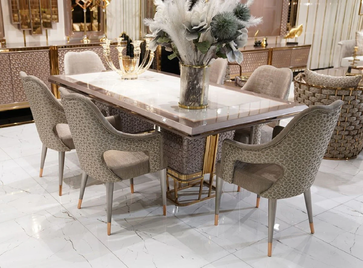 Luxury Dining Room Set White / Gray / Gold - 1 Luxury Dining Table & 6 Luxury Dining Chairs - Luxury Dining Room Furniture