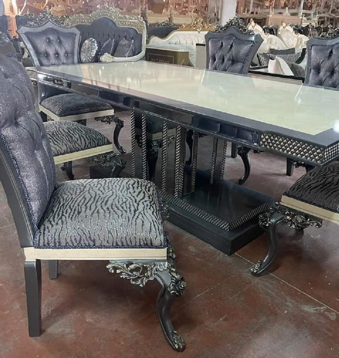 Luxury Baroque Dining Room Set Cream / Blue / Gray - 1 Baroque Dining Table & 6 Baroque Dining Chairs - Luxury Dining Room Furniture in Baroque Style - Magnificent Baroque Dining Room Furniture