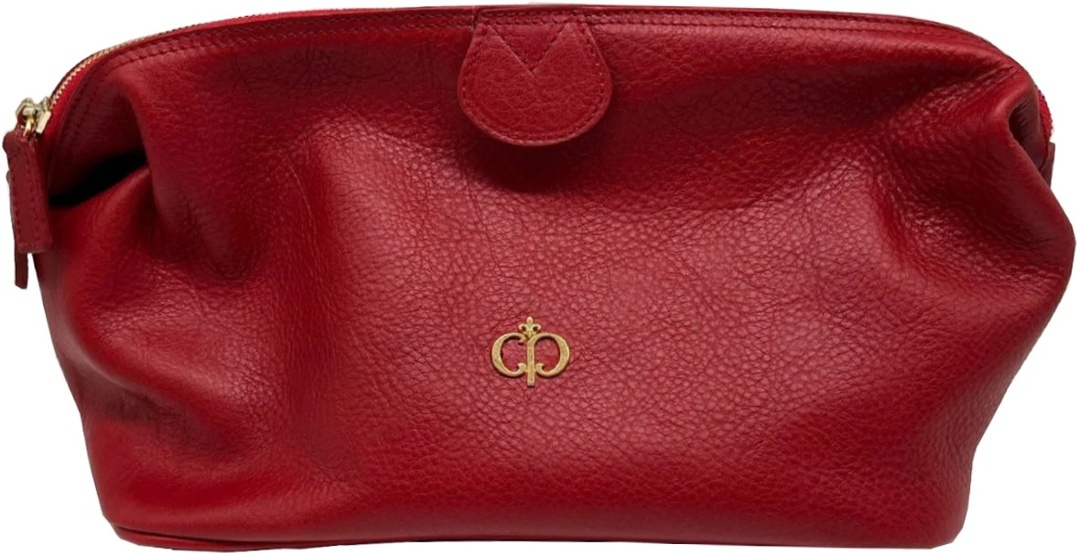 Luxus Echtleder Kosmetiktasche Rot / Gold 28 cm - Made in Italy