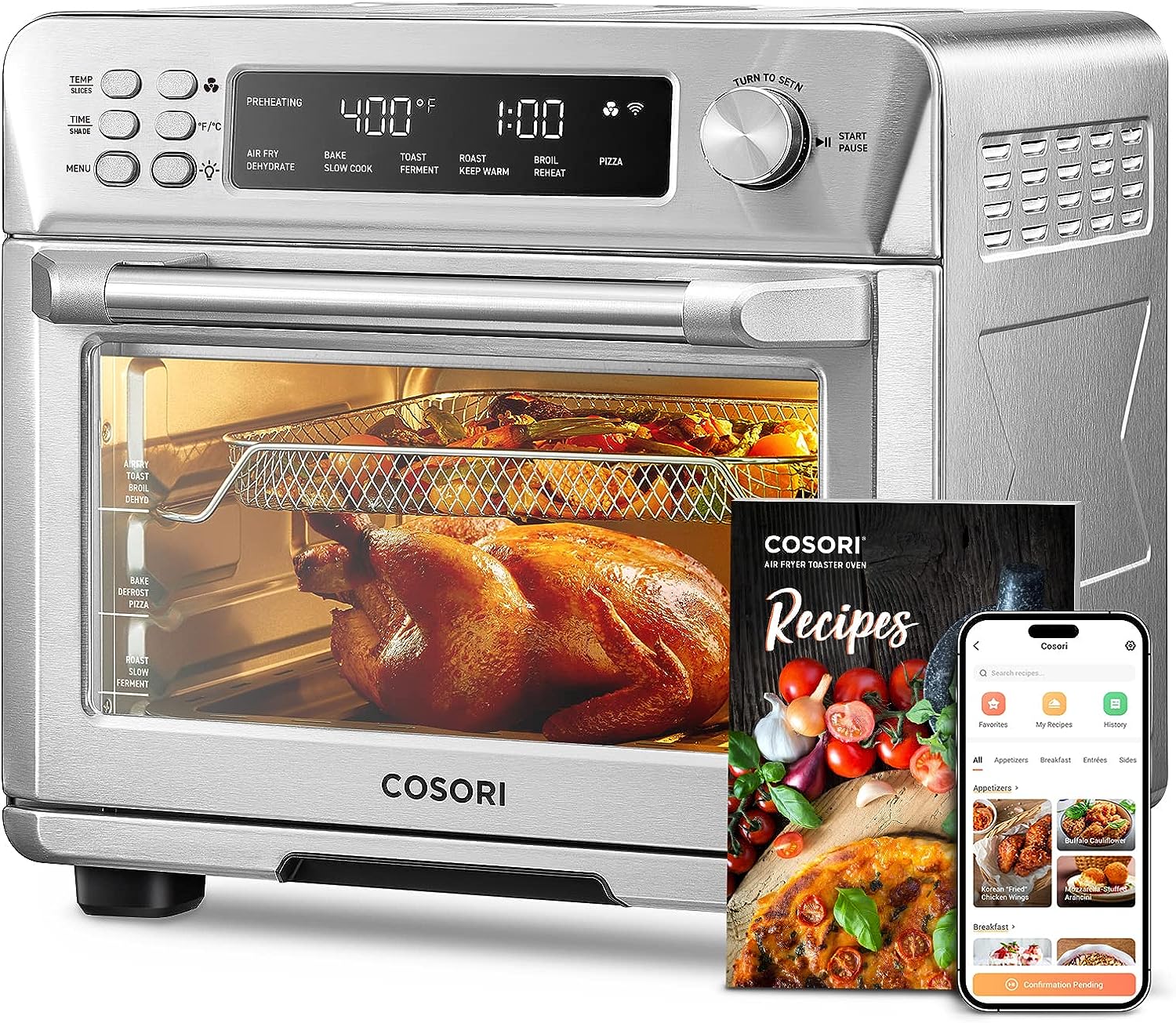 COSORI Toaster Ofen Luft Fryer Combo, 12-in-1, 26QT Konvektion Backofen Countertop, Edelstahl mit Toast Bake und Broil, Smart, 6 Slice Toast, 12'' Pizza, 75 Rezepte & Zubehör