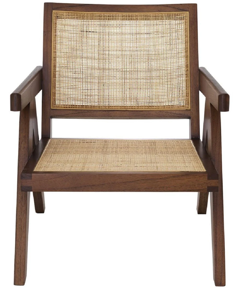 Designer chair brown / natural colors 58 x 82 x H. 70 cm - solid wood chair with armrests and hand-woven rattan weave - luxury living room furniture