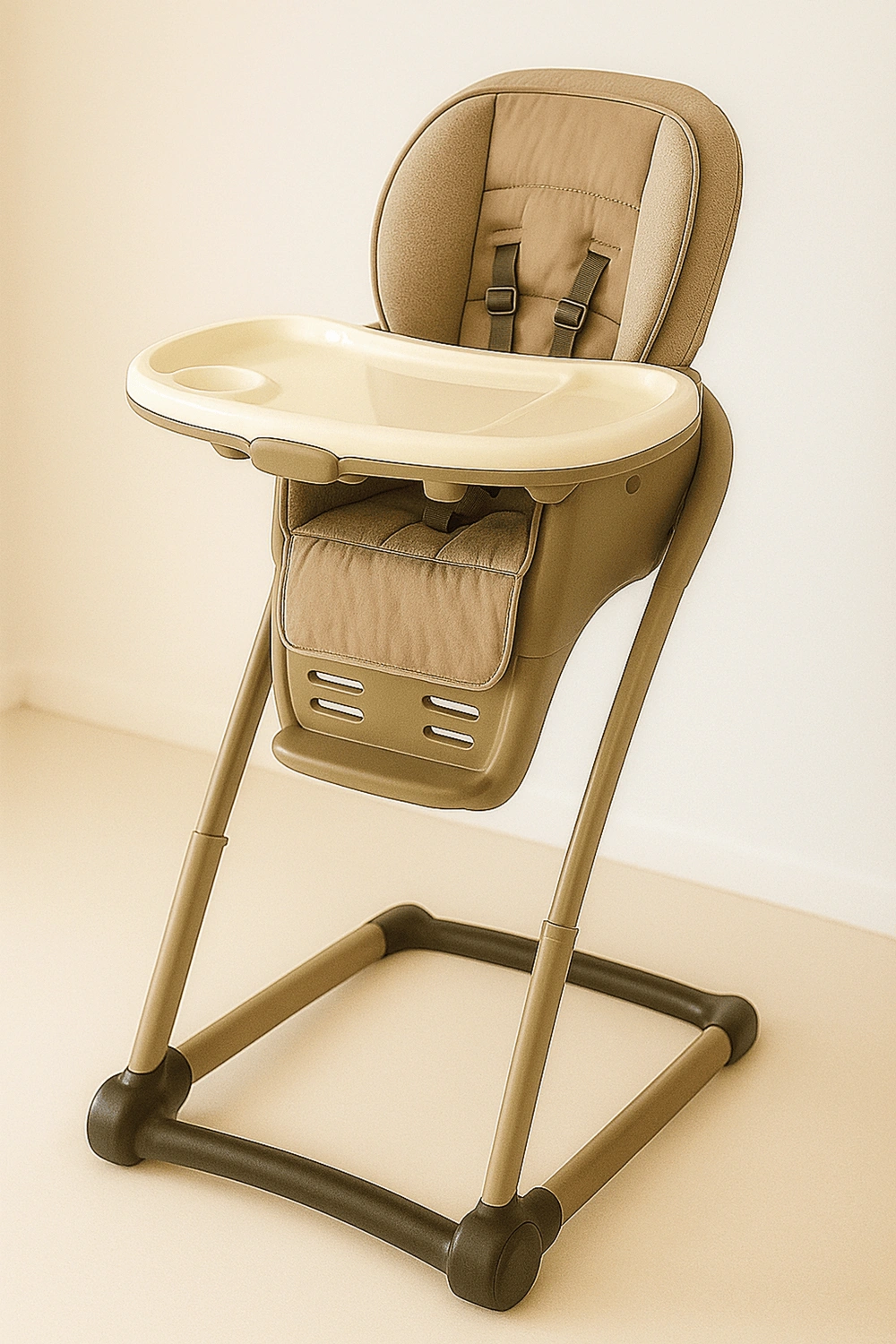 Gepolsterter Hochstuhl mit abnehmbarem Doppeltablett, bis 20 kg, 5-Punkt-Gurt, braun, mit fester Rückenlehne und fester Kopfstütze, geeignet für Kinder von 6 bis 36 Monaten