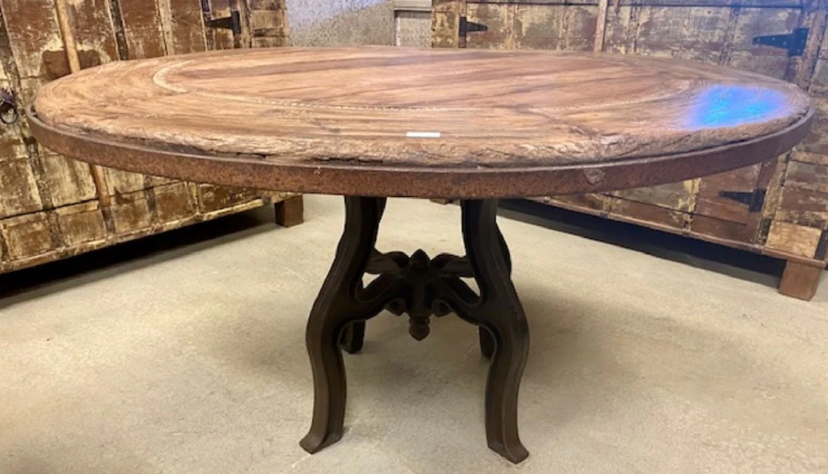 Industrial style dining table natural color / brown Ø 140 x H. 79 cm - Round industrial design kitchen table with rustic table top - Dining room furniture - Industrial style furniture