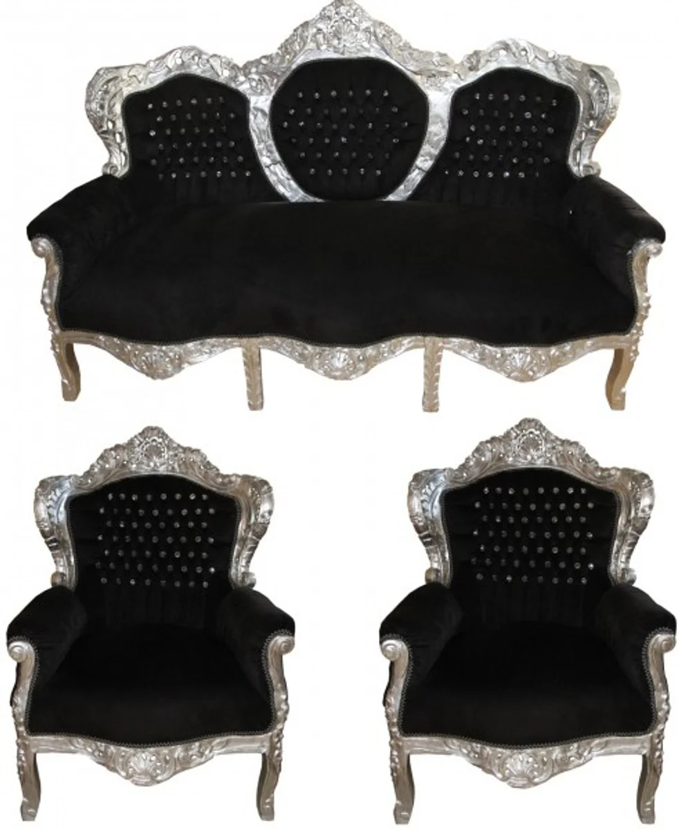 Barock Wohnzimmer Set King Schwarz / Silber mit Bling Bling Glitzersteinen - 3-er Sofa + 2 Sessel