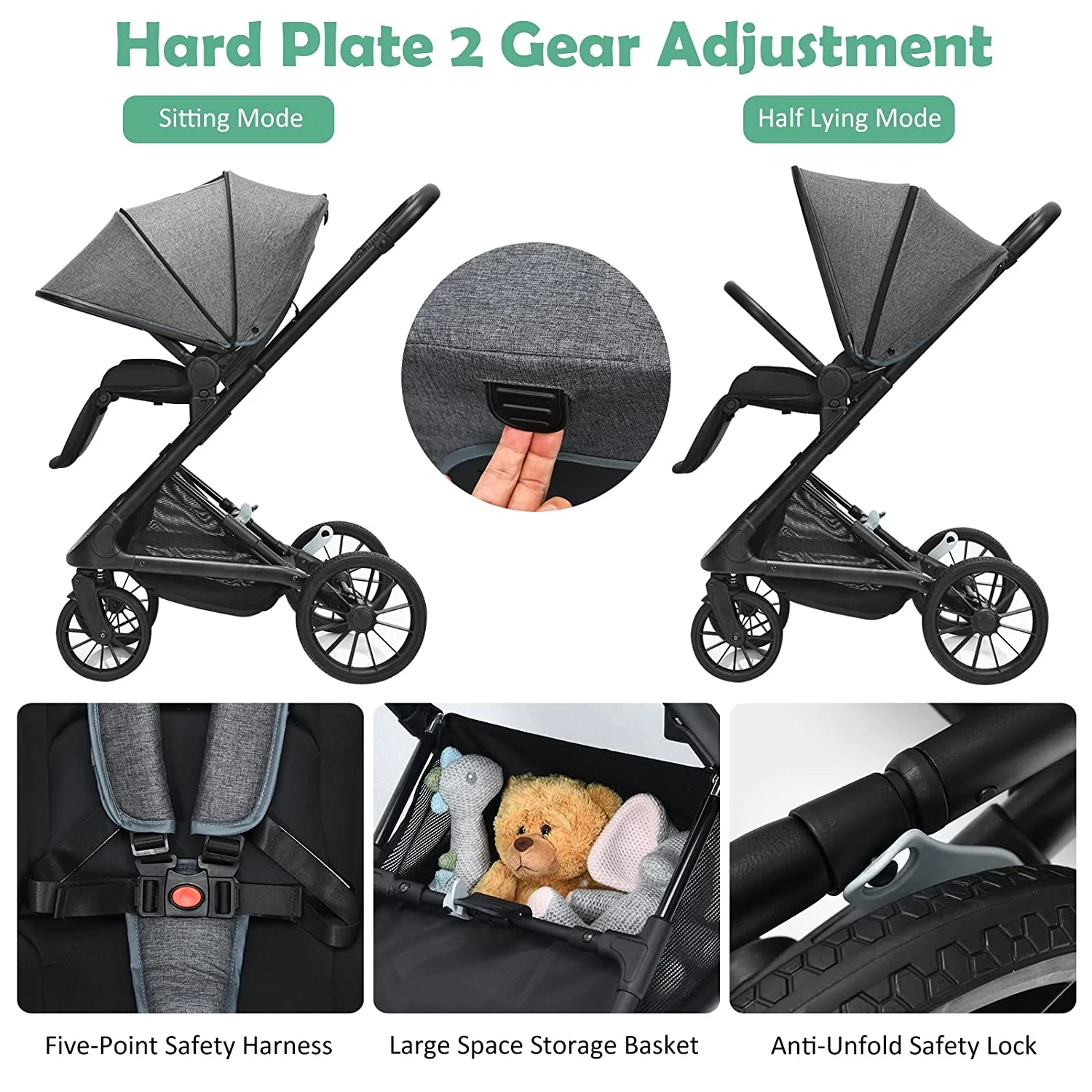 Kinderwagen, umkehrbarer Stubenwagen für Neugeborene, einhändig faltbarer, schnell zusammenklappbarer Kinderwagen mit Aluminiumrahmen, verstellbarem Verdeck, 5-Punkt-Sicherheitsgurt für Säuglinge und Kleinkinder (schwarz)