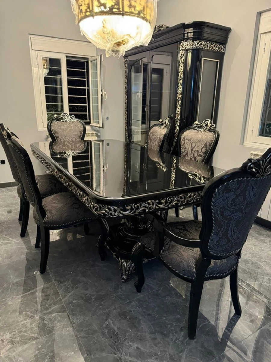 Luxury Baroque Dining Room Set Black / Silver - 1 Baroque Dining Table & 6 Baroque Dining Chairs