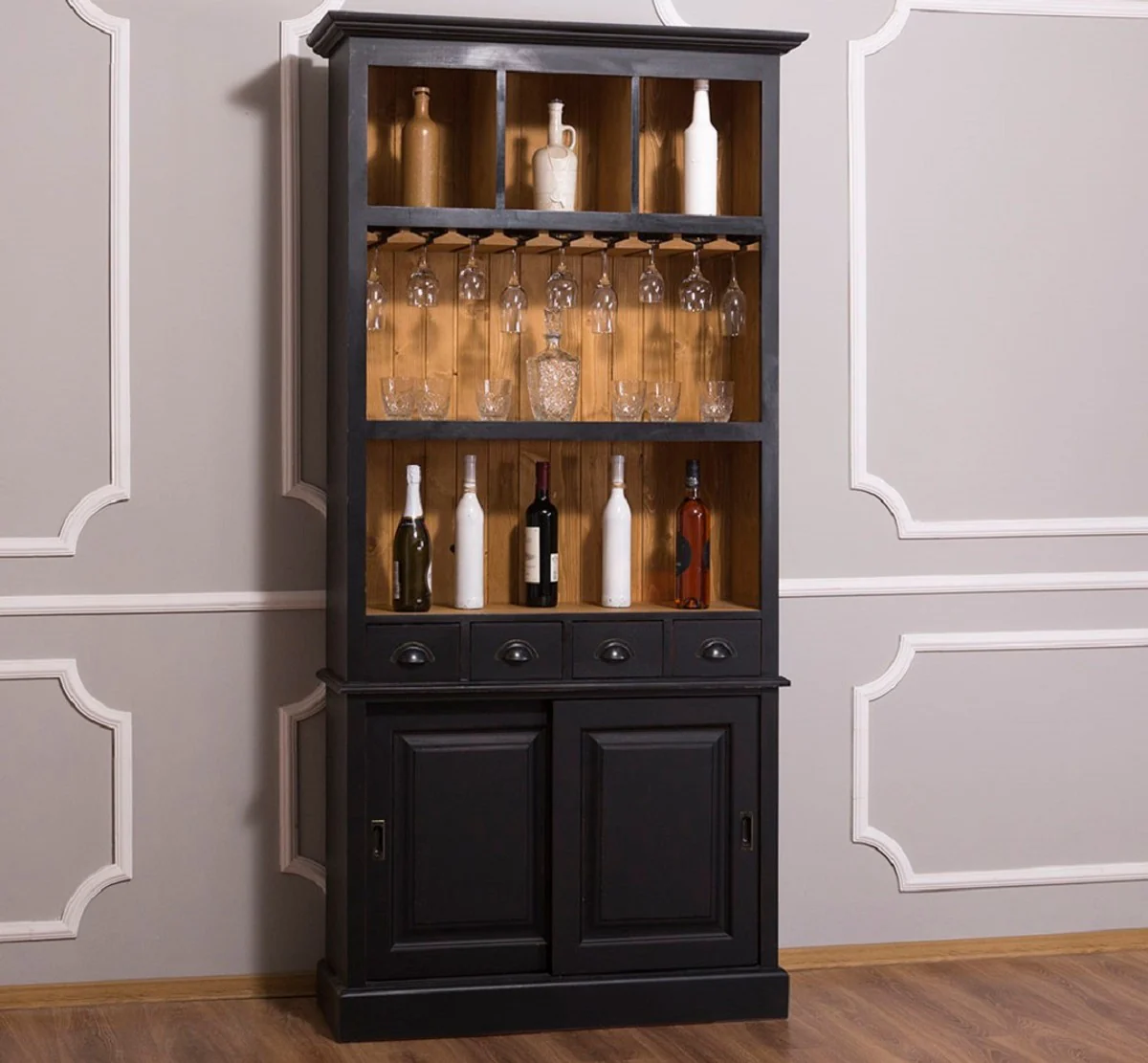 Country house style wine cabinet black / natural color 103 x 36 x H. 210 cm - bar cabinet in country house style