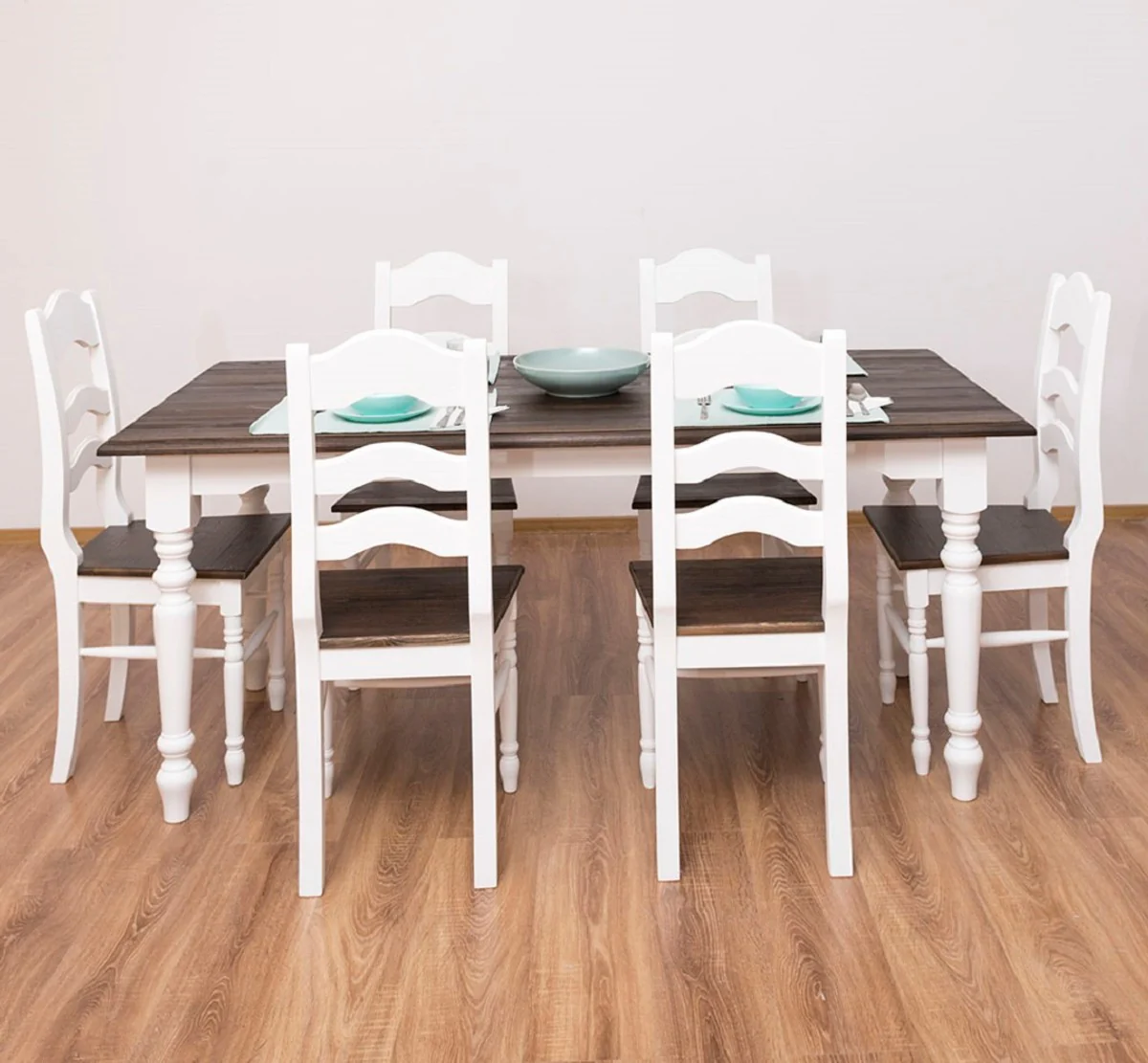 Country house style dining chairs set of 6 white / dark brown 44 x 44 x H. 102 cm - Solid wood dining room chairs in country house style - Solid wood dining room furniture - Country house style dining room furniture