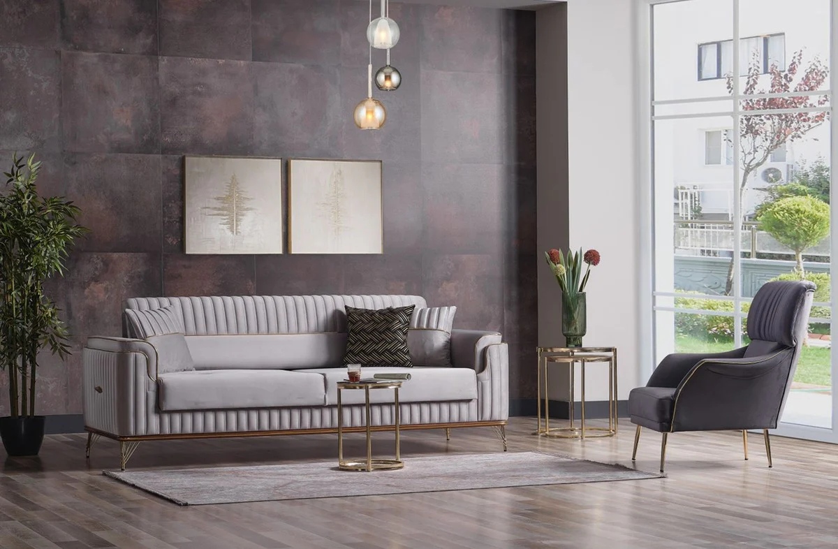 Luxury living room sofa with sleeping function gray / gold 225 cm - luxury furniture