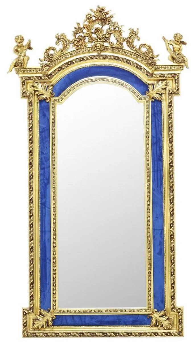 Baroque standing mirror with decorative angel figures royal blue / gold - handmade solid wood mirror in baroque style - baroque furniture - noble and magnificent