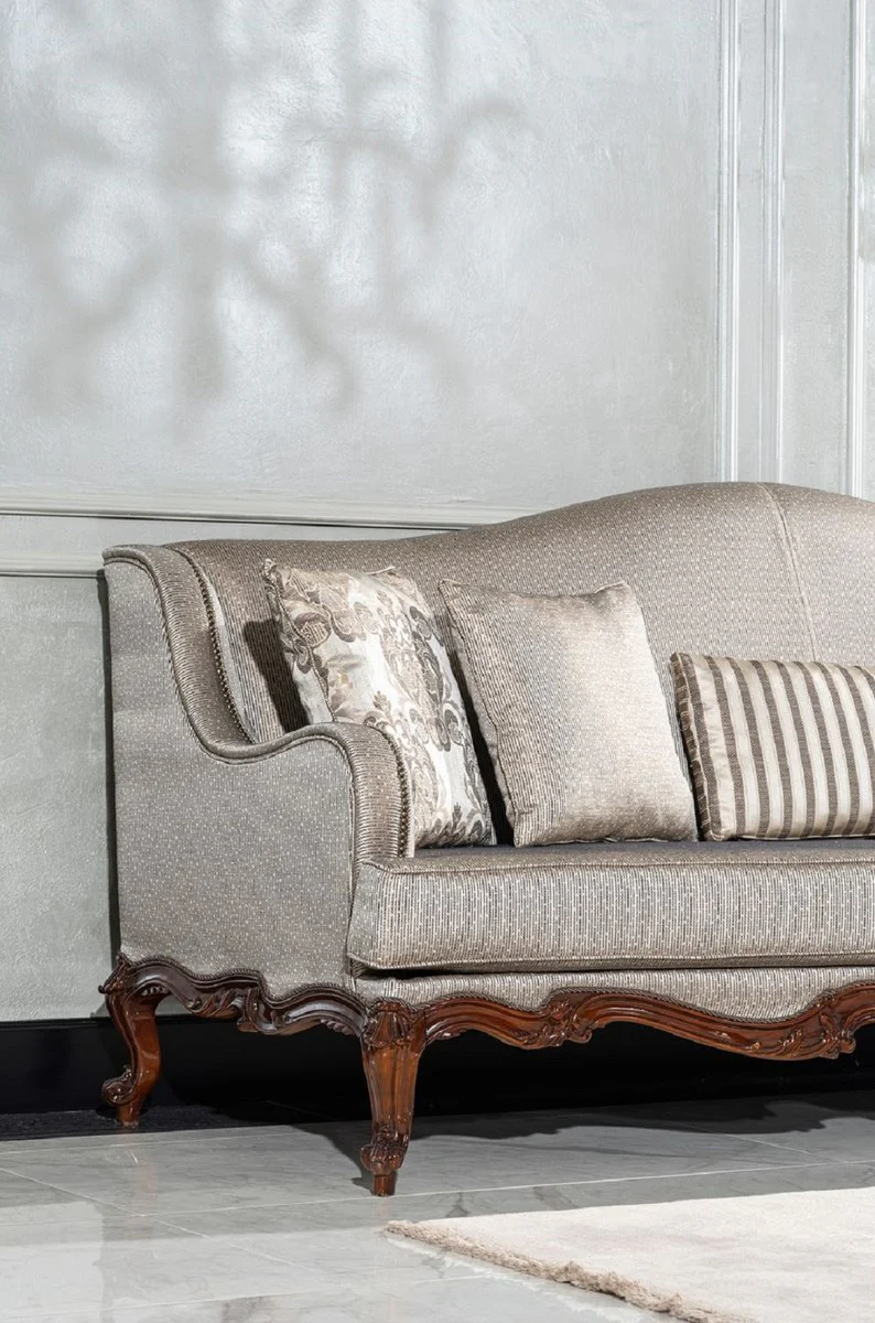 Luxury Baroque Living Room Sofa Silver / Brown - Handmade Baroque Style Sofa with Decorative Pillows - Luxury Living Room Furniture in Baroque Style - Baroque Furniture - Noble & Magnificent