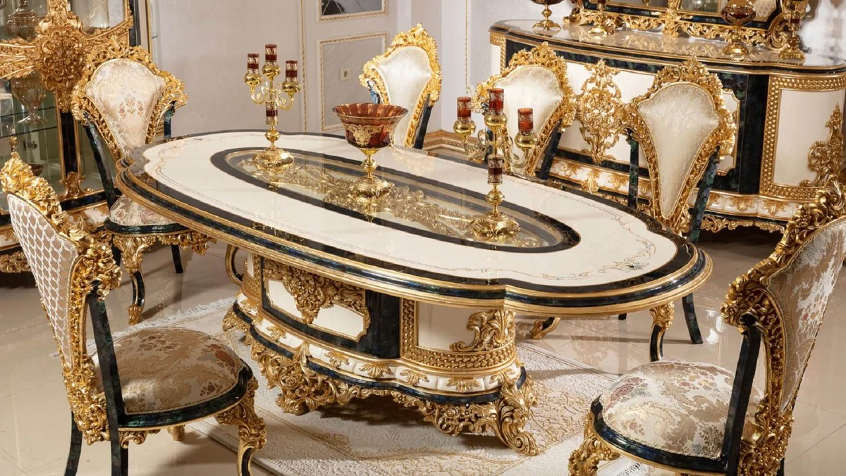 Luxury Baroque Dining Room Set White / Multicolored / Blue / Gold - 1 Baroque Dining Table & 6 Baroque Dining Room Chairs - Baroque Dining Room Furniture - Noble & Magnificent