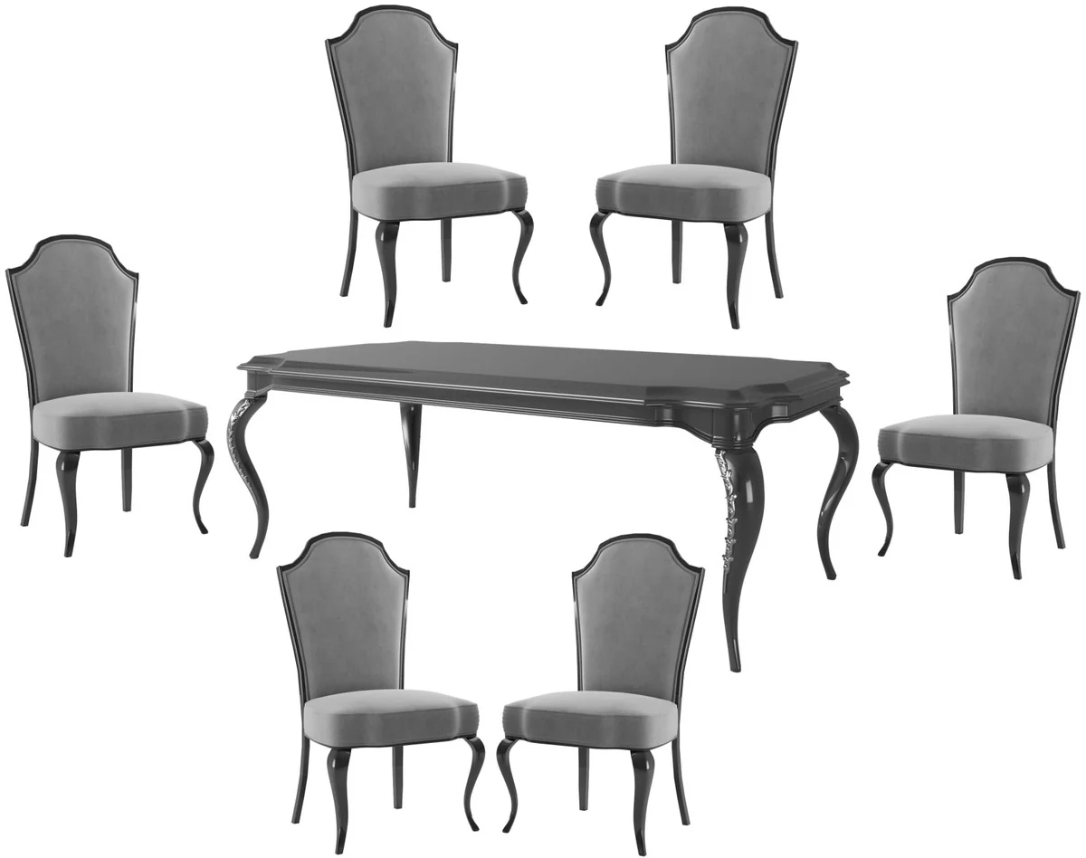 Luxury Baroque Dining Room Set Gray / Black / Silver - 1 Dining Room Table & 6 Dining Chairs - Baroque Dining Room Furniture - Luxury Quality - Noble & Magnificent