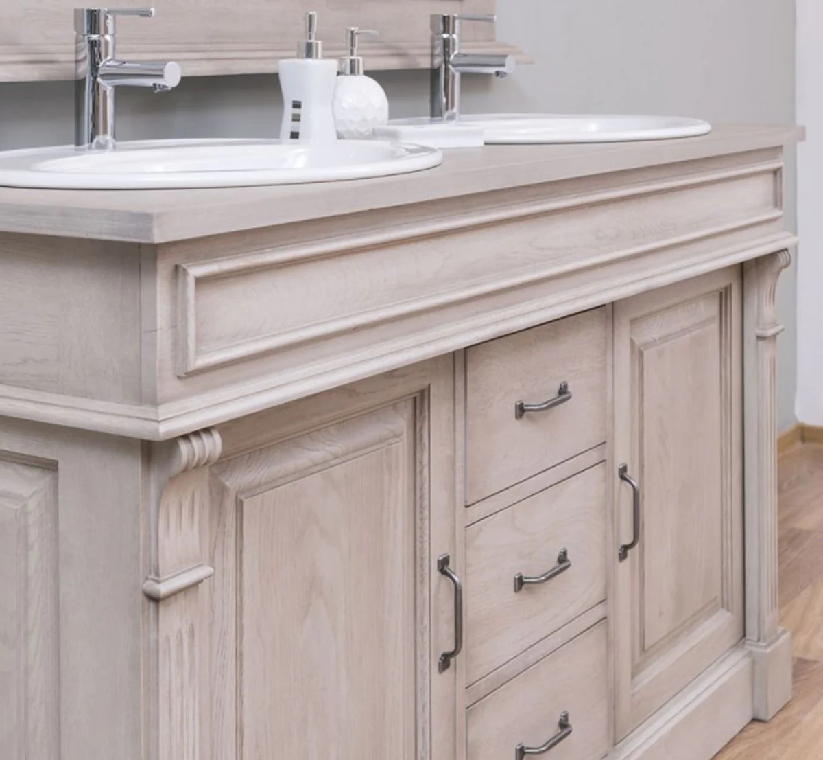 Country house style bathroom set gray - 1 double washbasin & 2 sinks & 2 taps & 1 wall mirror - solid wood bathroom furniture in country house style