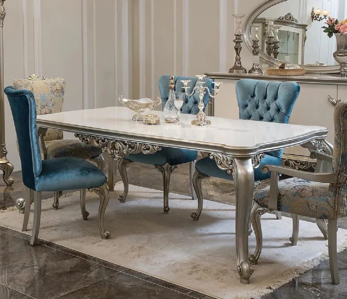 Luxury baroque dining table white / silver - solid wood kitchen table in baroque style - baroque dining room furniture