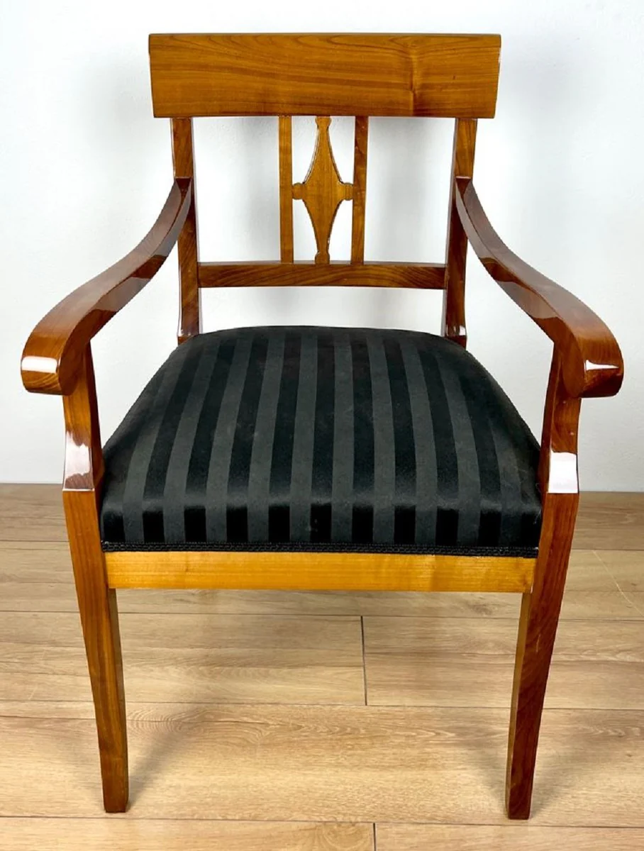Luxury Biedermeier dining room chair with armrests and stripes brown / black 59 x H. 94 cm - Solid wood kitchen chair - Solid wood dining room furniture - Biedermeier dining room furniture