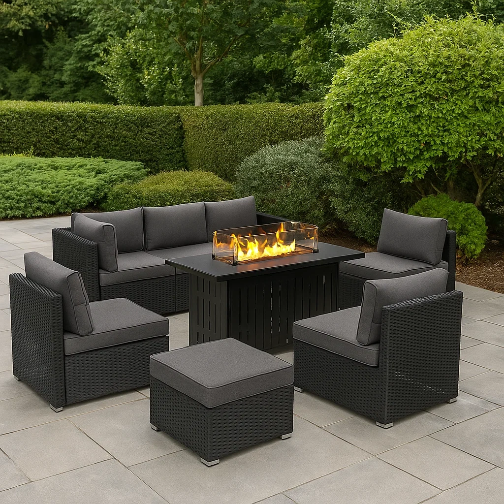 Terrassenmöbel-Set mit Feuerstelle, 6-teilig mit Kissen, grau, Stahl und Polyester, für den Außenbereich