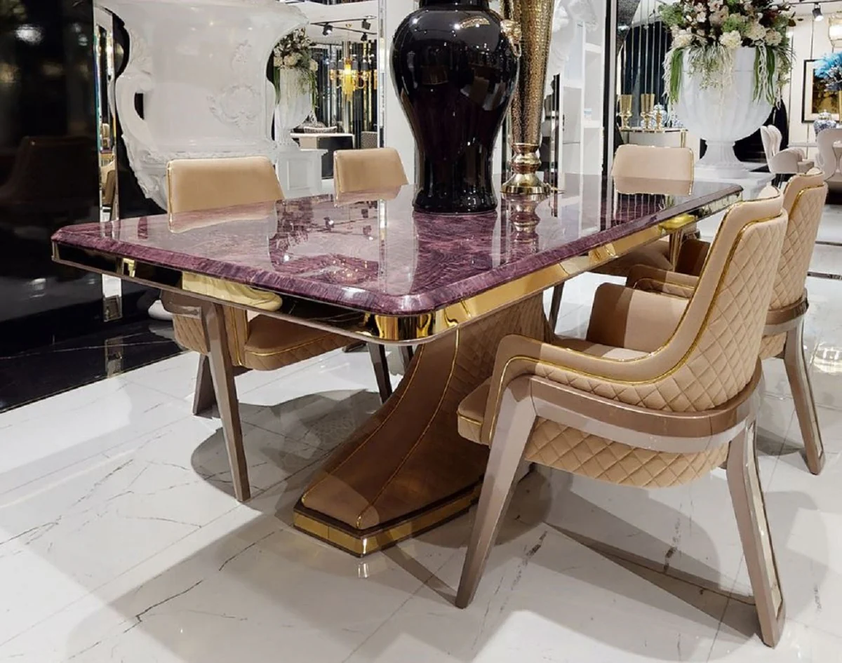 Luxury Art Deco dining table purple / beige / gold - handmade solid wood kitchen table with marble look table top - Art Deco dining room furniture