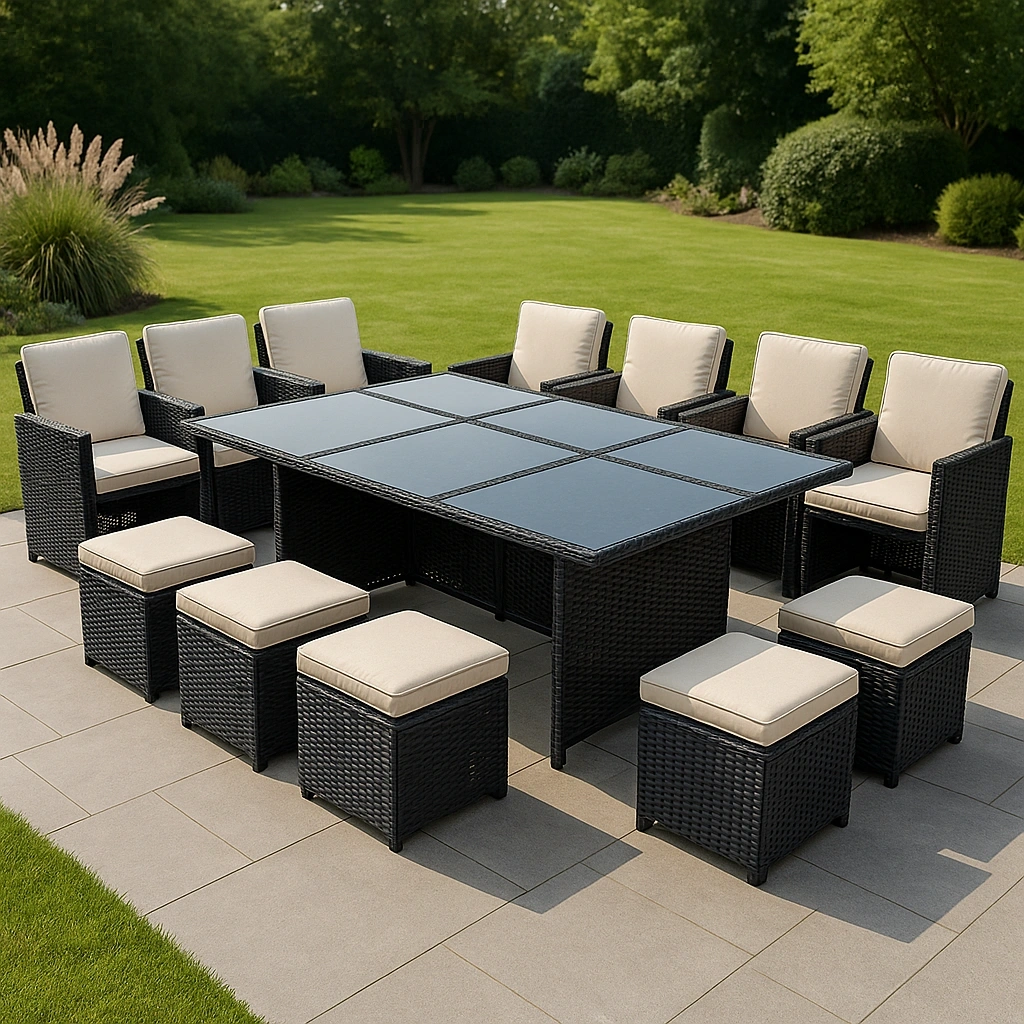 Essgruppe für den Außenbereich + rechteckiger Tisch mit Sesseln und Hockern + schwarz/beige + PE-Rattan + für drinnen und draußen - PZDrnhZ440tk