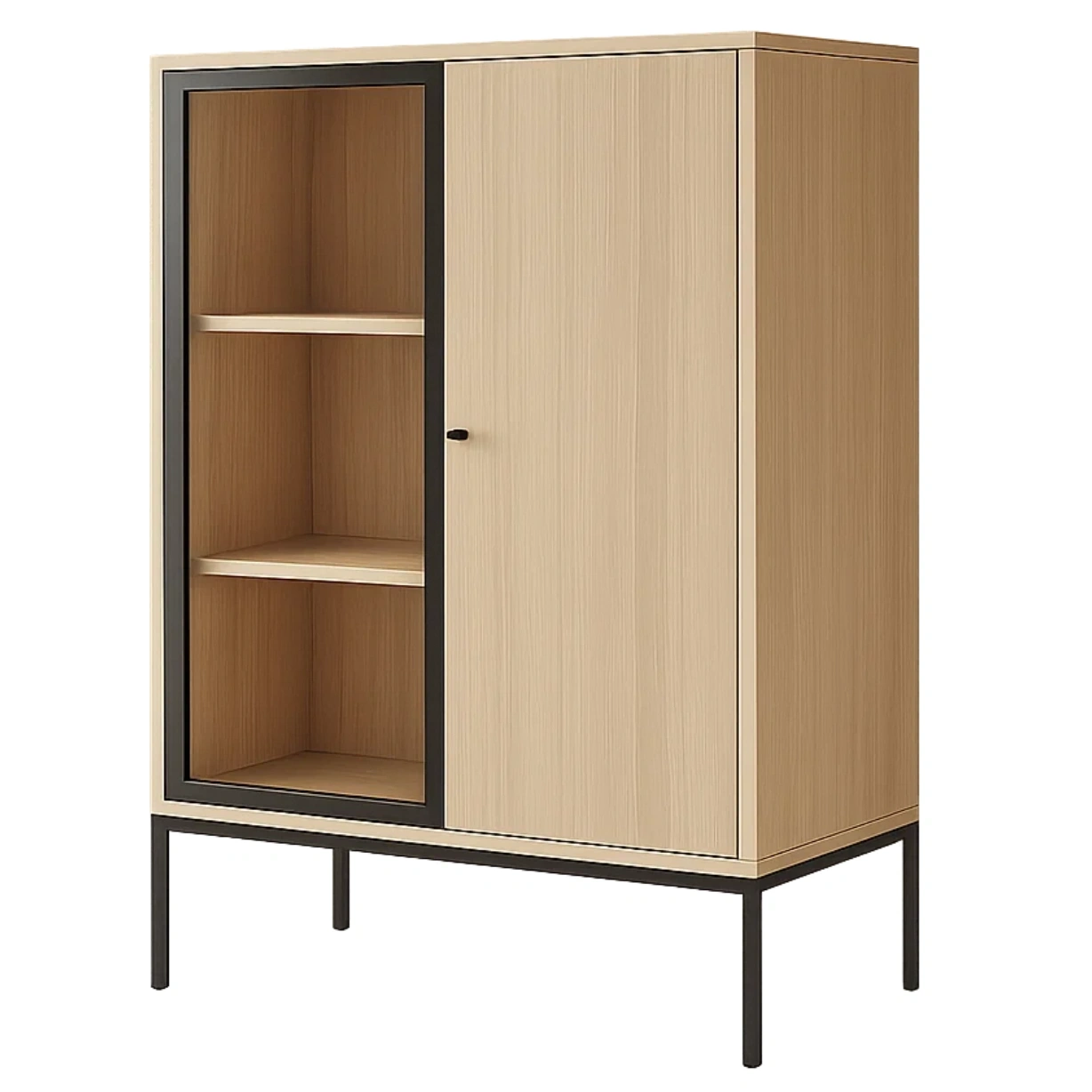 Vitrine mit Glas- und Holztüren, 3 Einlegeböden, MDF und Metall, helle Eiche und schwarze Ausführung, freistehend, für Wohn- oder Esszimmer, 85 x 35 x 140 cm - 4D6SaRu38Mfa