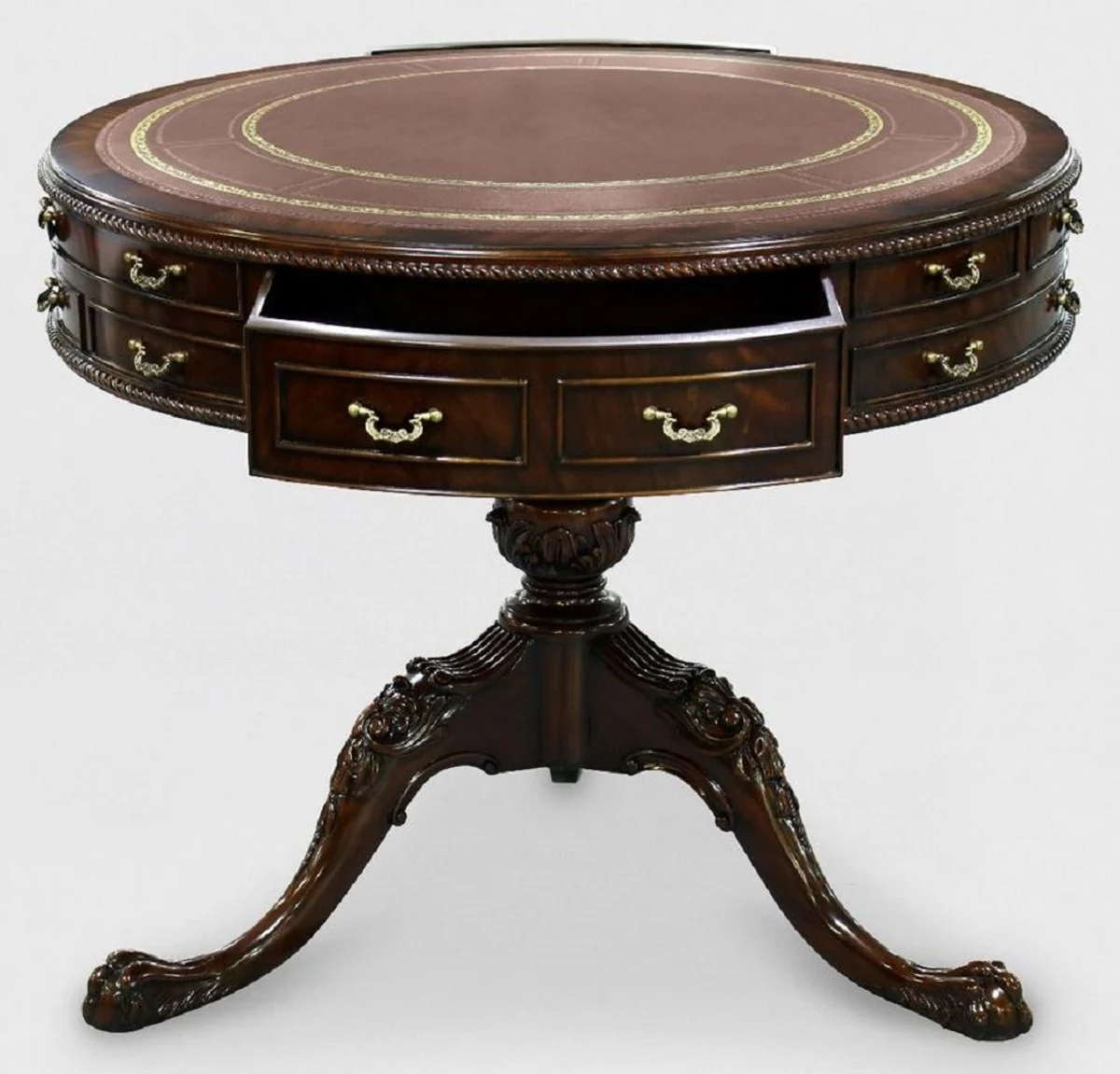 Luxury Baroque side table brown / gold Ø 91 x H. 76 cm - Round mahogany table with 14 drawers and real leather - Baroque mahogany furniture