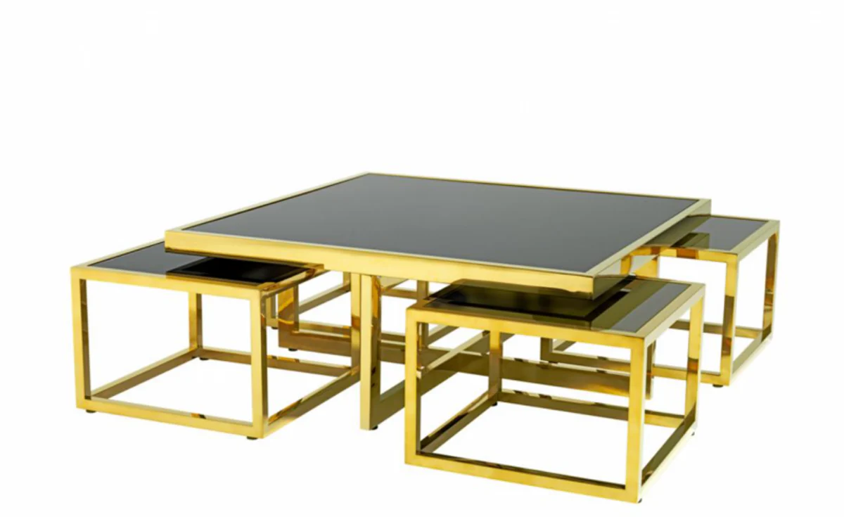 Luxury Art Deco Designer Coffee Table Set of 5 Gold with Black Glass - Living Room Salon Table - Luxury Quality