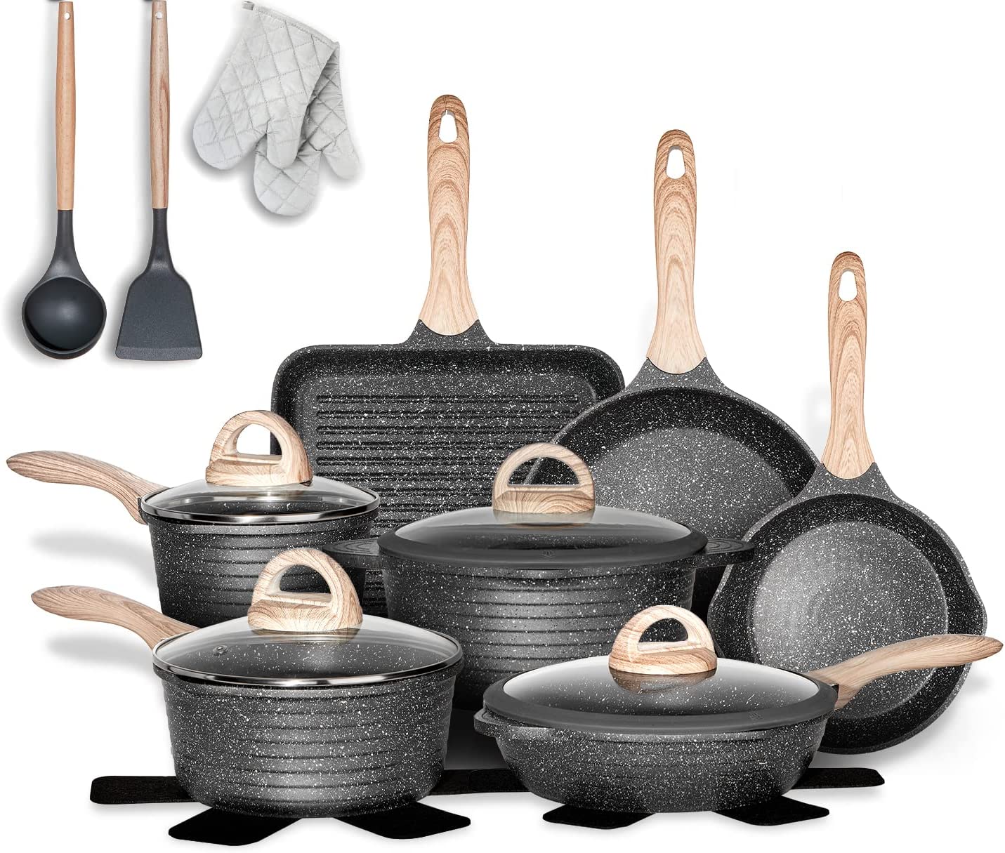 Töpfe und Pfannen-Set, antihaftbeschichtet, 20-teilig, Kochgeschirr-Sets mit Granitbeschichtung, Induktion, kompatibel mit Bratpfanne, Kochtopf, Sautpfanne, Grillpfanne, Kochtöpfen, PFOA-frei, (grau, 20-teiliges Kochgeschirr-Set)