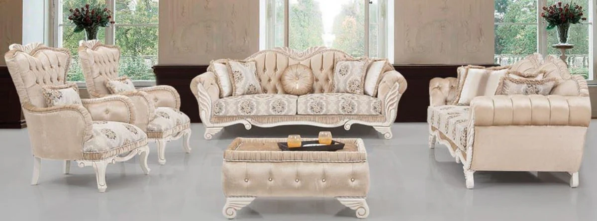 Luxus Barock Wohnzimmer Set Beige / Weiß - 2 Sofas & 2 Sessel & 1 Hocker - Wohnzimmer Möbel im Barockstil - Edel & Prunkvoll