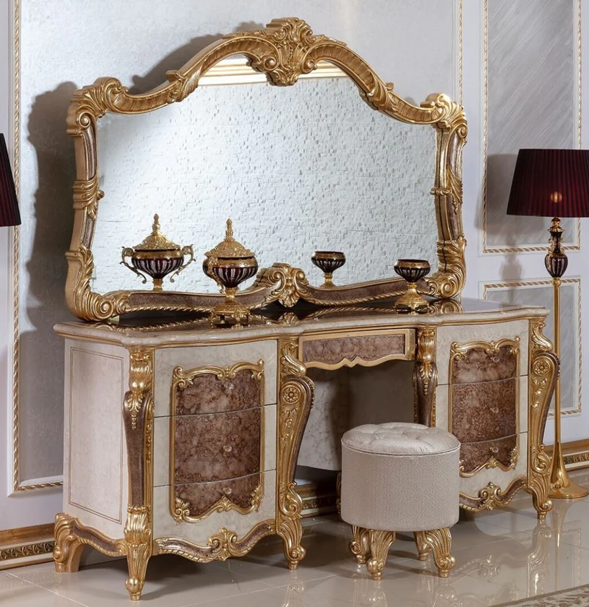 Luxury Baroque Bedroom Set White / Brown / Gold / Silver - 1 Baroque Dressing Table & 1 Baroque Mirror & 1 Baroque Stool - Baroque Bedroom Furniture - Noble & Magnificent