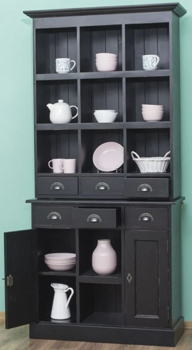 Country house style cabinet antique black 97 x 40 x H. 210 cm - solid wood shelf cabinet with 2 doors and 6 drawers - furniture in country house style