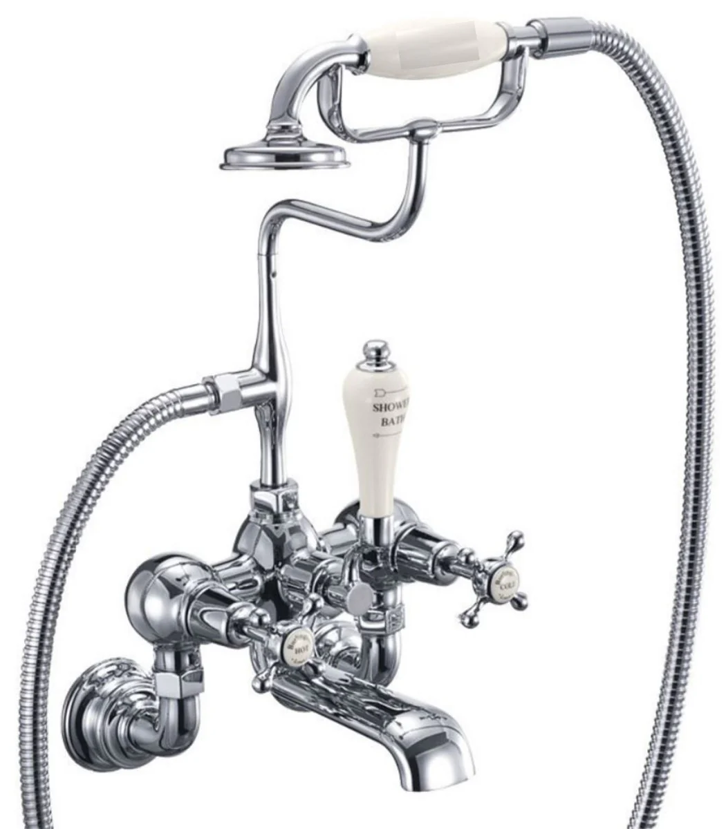 Luxury Art Nouveau surface-mounted bathtub mixer silver / cream H. 46.95 cm - Nostalgic brass bathtub mixer with hand shower - Nostalgic bathroom accessories