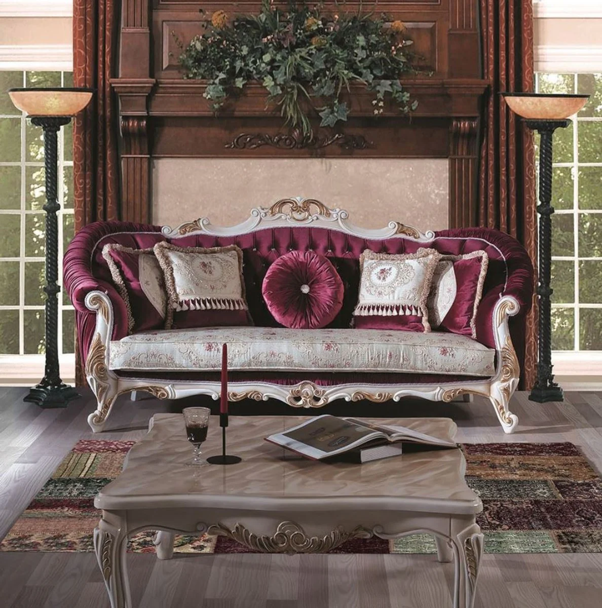 Luxury baroque coffee table with glass top cream / gold 100 x 80 x H. 45 cm - solid wood living room table - living room furniture in the baroque style