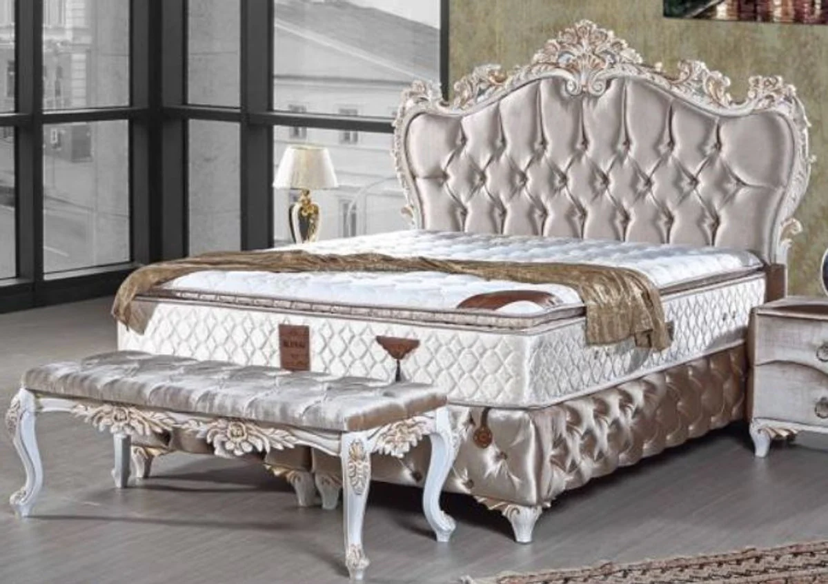 Baroque double bed silver / white / gold - velvet bed with rhinestones and mattress - bedroom furniture in baroque style