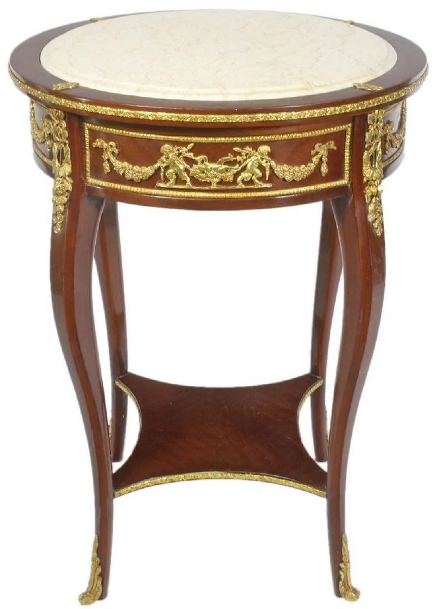 Baroque side table with marble top brown / gold / cream Ø 45 x H. 75 cm - Round table in baroque style - Baroque furniture