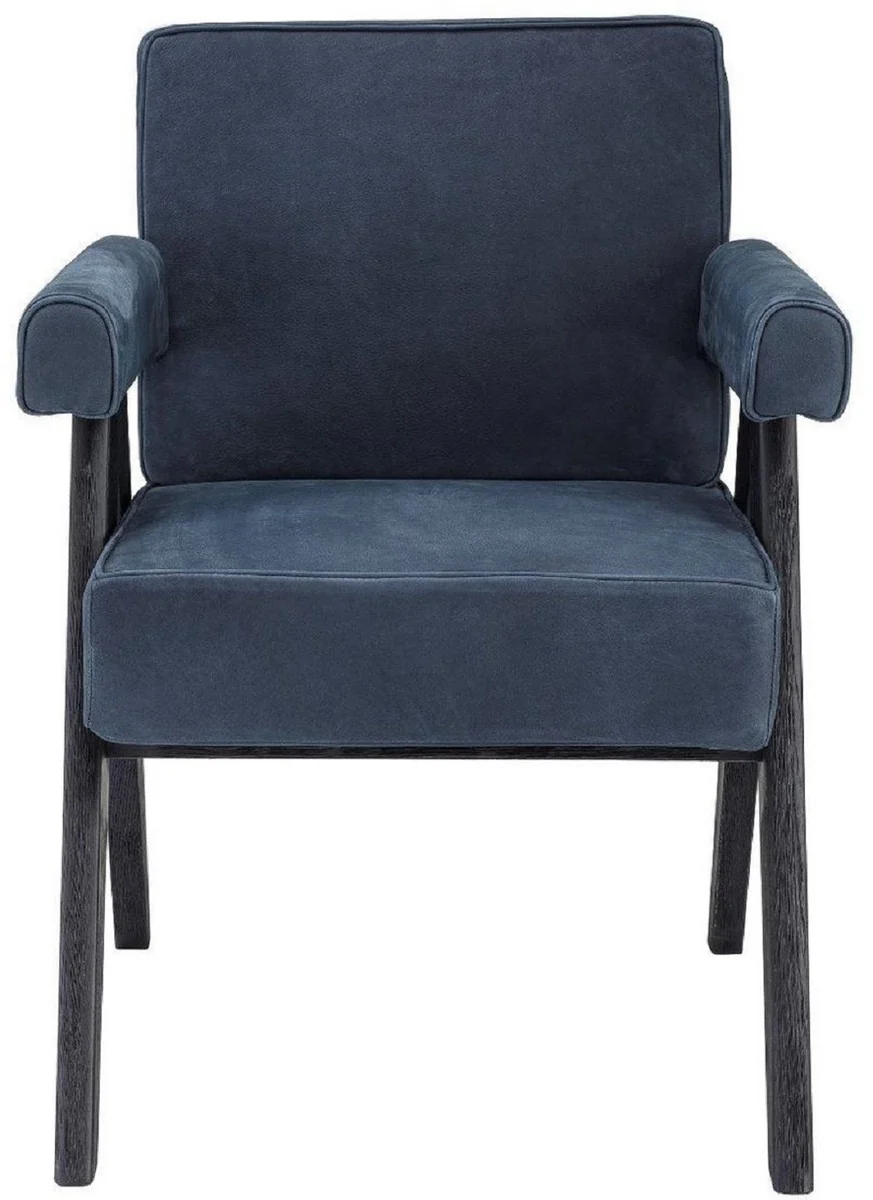 Luxury real leather dining room chair with armrests blue / black 64 x 70 x H. 87.5 cm - kitchen chair with elegant nubuck buffalo leather - luxury dining room furniture