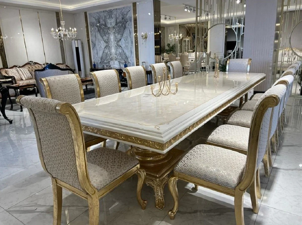 Luxury Baroque Dining Room Set Cream / White / Gold - 1 Baroque Dining Table & 10 Baroque Dining Chairs - Baroque Dining Room Furniture - Luxury Furniture in Baroque Style - Noble & Magnificent