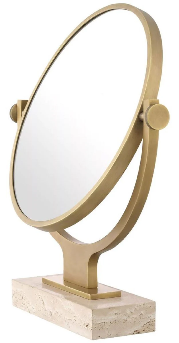 Luxury cosmetic table mirror antique brass / beige 50.5 x 12 x H. 56 cm - Round adjustable bathroom make-up mirror with travertine base - Luxury bathroom accessories