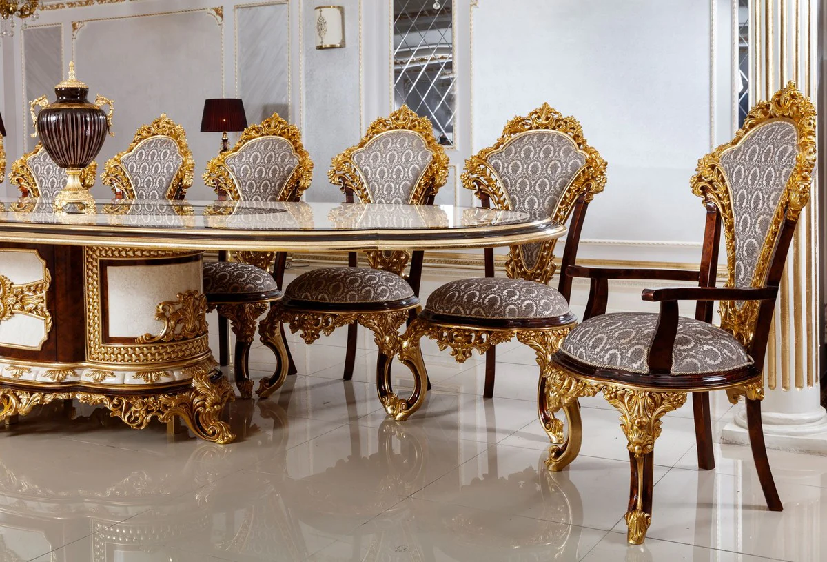 Luxury Baroque Dining Room Set White / Brown / Gray / Gold - 1 Baroque Dining Table & 22 Baroque Dining Chairs - Hotel Furniture - Castle Furniture - Palace Furniture - Luxury Furniture in Baroque Style