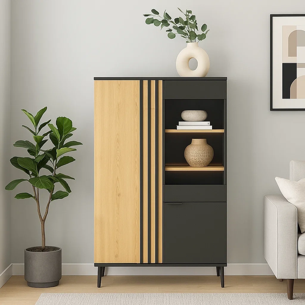 Vitrine mit 2 blickdichten Türen und 3 offenen Regalböden, Spanplatte, schwarz-hellholzfarben, Montage erforderlich, für den Innenbereich, 90 x 40 x 160 cm - wP9PSGWrt2cX